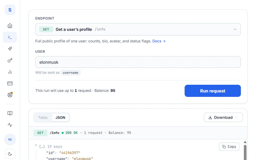 A completed profile request in the Sorsa API playground with the JSON response